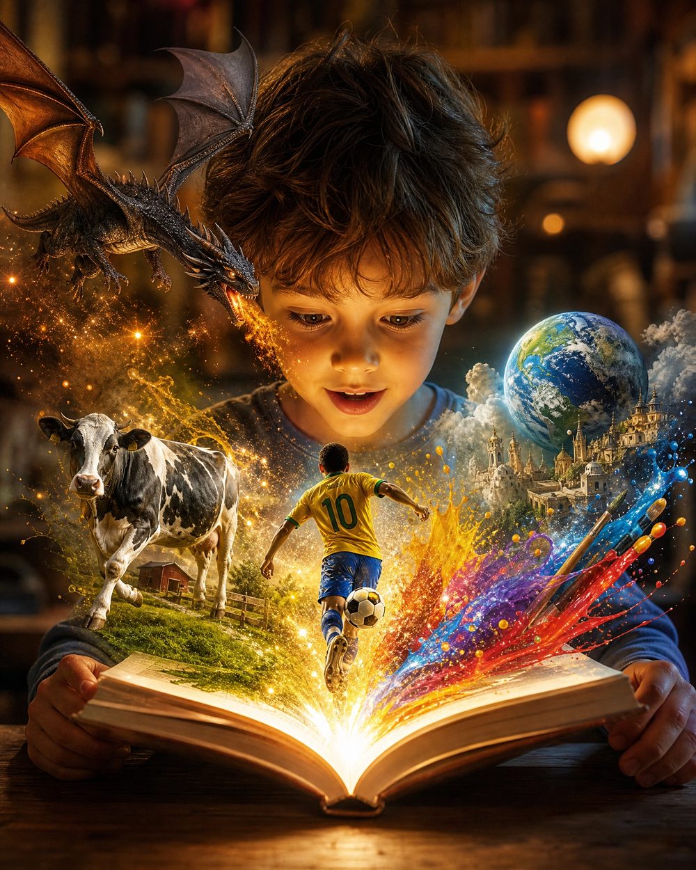 Criança vivendo a aventura de um livro mágico personalizado